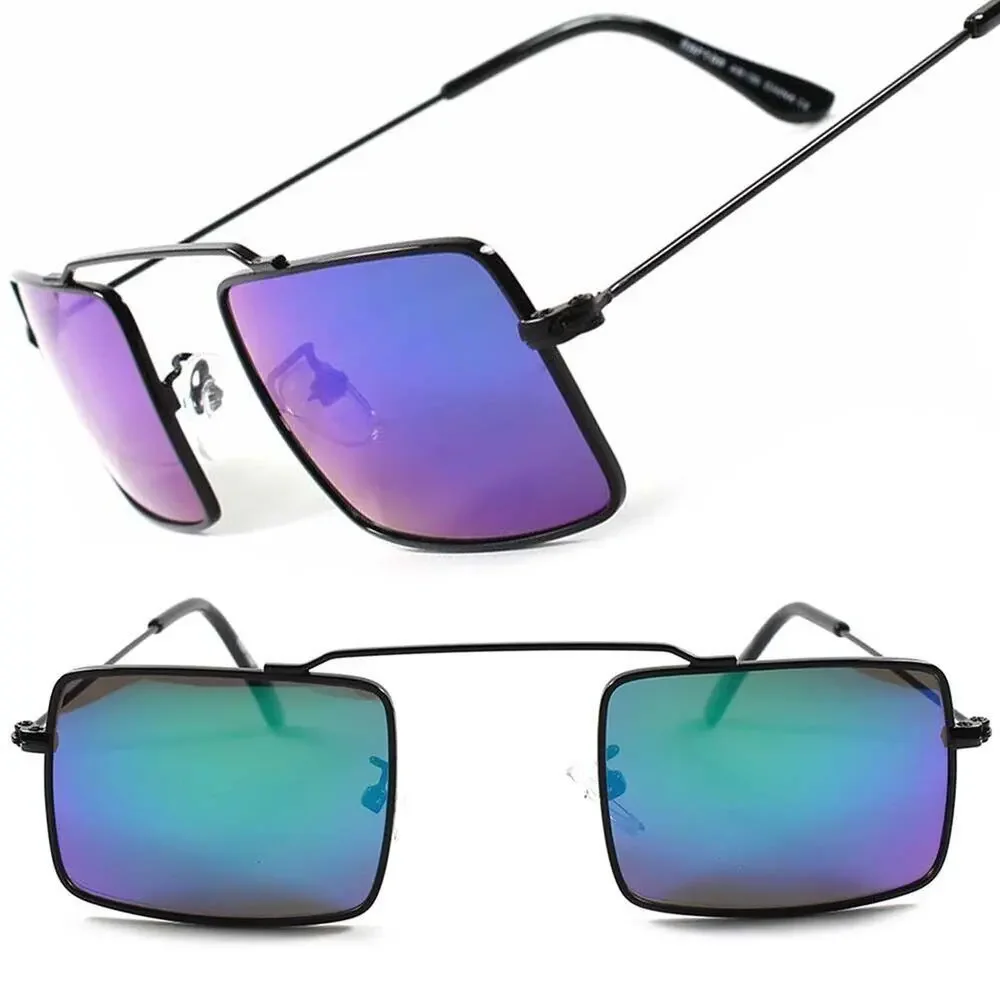 Small Rectangle Sunglasses Black Frame Blue Green Mirrored Lens Retro
